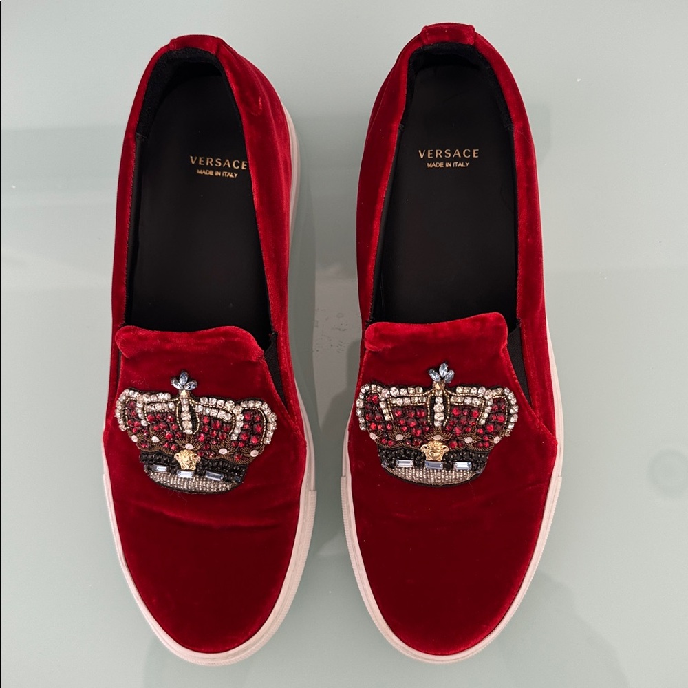 Versace Red Velvet Slip On Sneakers with Jewel Crown Emblem